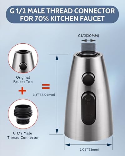 WOWOW Kitchen Faucet Head Replacement Brushed Nickel, 3 Function Pull Out Spray Nozzle with 9 Adapters for Kitchen Sink Faucet，American Standard for Moen Kohler Delta Faucets G1/2 Male Connector - color: Brushed Nickel