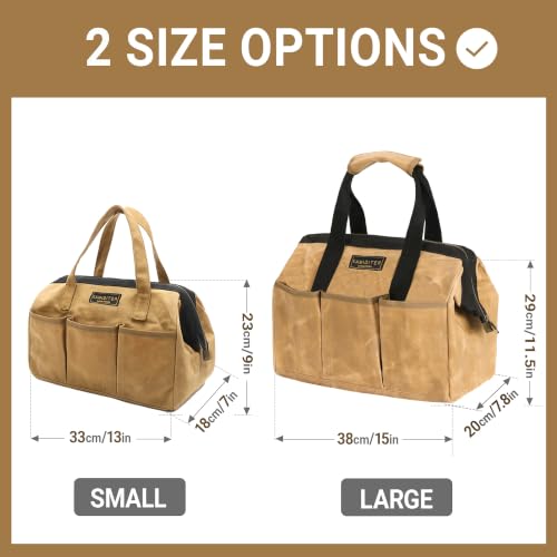 Tool Tote, 13-inch Heavy Duty Waxed Canvas Wide Mouth Tool Bag, Open Top tool Pouch with Handle for Tools, Wrenches, Screwdrivers (13 X 7 X 9 inch) | Khaki - color: Khaki, size: 13 Inch