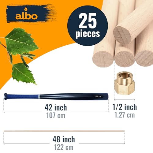 ALBO 1/2" x 48" Wooden Dowel Rods Set - 25 Pack Birch Natural Long Thin Craft Sticks Joinery Curtain Holders Toys Hardwood Smooth Finish Universal Material DIY Decor Bulk Professional - size: 1/2" x 48" 25 Pcs