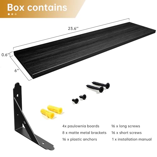 ROMGUAR CRAFT Wood Wall Floating Shelves Set of 4, 23.6" x 6" - Black - color: Black, size: 23.6" x 6"