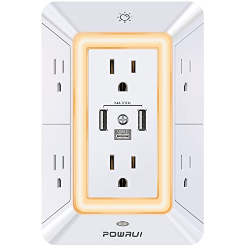 Multi Plug Wall Outlet Night Light, POWRUI 6 Outlet Extender & 3 USB Ports - color: White(6Outlets/Night Light), size: 2U1C