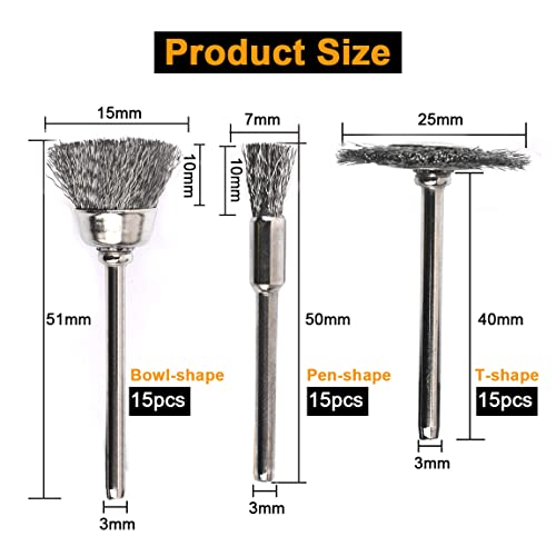 ATOPLEE Wire Brushes Set, 45PCS 1/8"(3mm) Round Shank Wire Wheels Pen Brushes Set,Alloy Steel Crimped Wire Wheel for Cleaning Rust,Paint, Stripping and Abrasive, for Drill Attachment