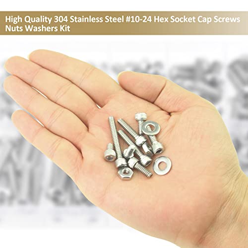 142 Pieces #10-24 x 1/4", 5/16", 3/8", 1/2", 5/8", 3/4", 1", 1-1/4", Hex Socket Head Cap Screws Nuts Washers Assortment Kit, 304 Stainless Steel, Fully Machine Thread - size: #10-24, style: Socket Head