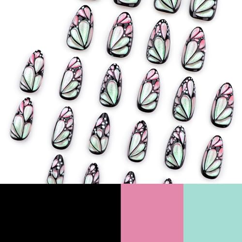 3D Butterfly Wing Press On Nails Almond - 24PCS Pink Iridescent Medium Fake Nails with Design, Glossy Reusable Stick On Nails for Women, Cute Nail Art for DIY, Party, Daily Wear - color: 12-Enchanted Rhythm Wing