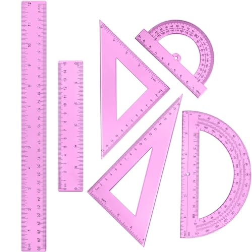 Tenare 6 Pcs Math Geometry Ruler Straight Protractor Triangle, Pink - color: Pink