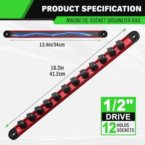 1/2-Inch Magnetic Socket Organizer Rail, Aluminum Alloy Socket Rail, Heavy Duty Sockets Holder with 12 Clips, 360° Swivel Clip Tool Tray, Sockets Organizer for Tool Box Drawer (Red) - style: Red 1/2-inch