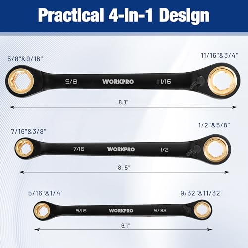 WORKPRO 3 PCS 4-in-1 Reversible Ratcheting Wrench Set, SAE, Double Box End - style: SAE