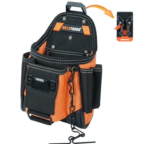 MELOTOUGH Small Electrician Tool Pouch With Belt Clip Attachment - 9 Pockets Tradesman Bag With Tape Thong - Holster for Electricians - color: Orange Electrician Tool Pouch