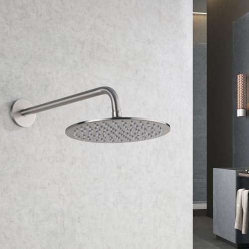 RANDOM 16 Inch Shower Arm with Flange,Stainless Steel 90 Degree Rain Shower Head Extension Arm,Wall-Mounted Shower Head Arm for Fixed Shower Head,Brushed Nickel.RD91018-16BN - color: 16″ Brushed Nickel(Round Flange)