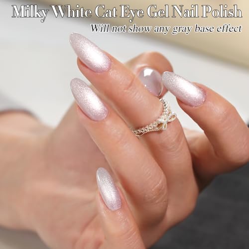 Double Rhythm Jelly Glass Cat Eye Gel Polish with Magnet 15ML Holographic Glitter Shimmer Translucent Sheer Color Magnetic Nail Polish Salon DIY at Home (Milky White Silver-MC1302) - color: Bright Silver
