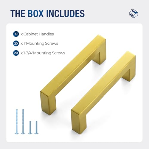 JOY DECOR Gold Cabinet Handles Square Cabinet Pulls, 3-1/2 Inch CC, 10 Pack - size: 3-1/2 Inch Hole Center