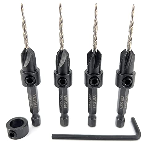 FTG USA #4 (7/64") Wood Countersink Drill Bit 4-Pc Set with 3/8" Depth Stop - size: #4, style: 4 Pc with Depth Stop