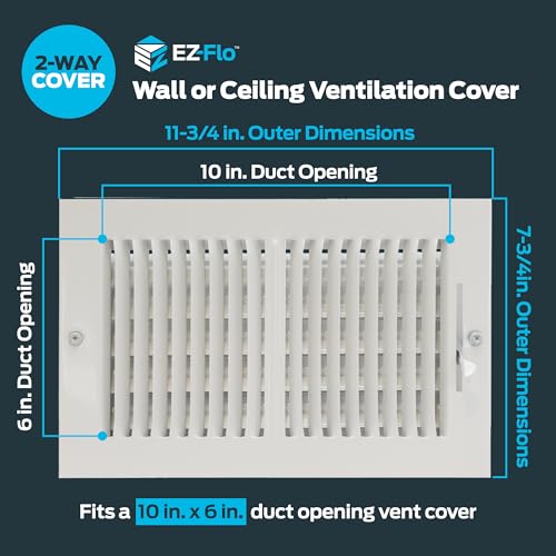 EZ-FLO 10 x 6 Inch (Duct Opening) Air Vent Cover for Wall or Ceiling, Two-Way Ventilation Register, Solid Steel HVAC Register Cover, White, 61610 - size: 10 in. x 6 in.