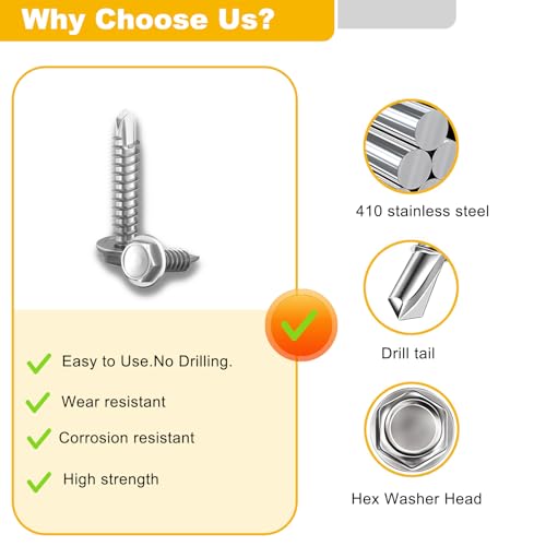 Jyphorixal Self-Tapping Screws, 410 Stainless Steel, 140 PCS Assortment Kit with Driver, #10X3/4, Hex Washer Head