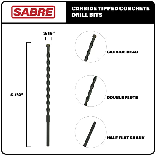 3/16 Inch x 5-1/2 Inch Masonry Drill Bit, 10-Pack Concrete Drill Bit, Carbide Tipped for Concrete, Brick, Stone, Half Flat Shank, Impact Performance (3/16" x 5.5", 10) - size: 3/16" x 5-1/2"