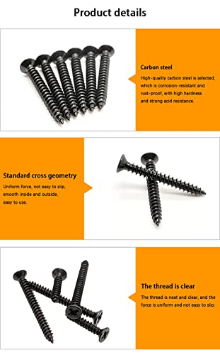 530 pcs M4 Black Wood Screws Assortment Kit,High Hardness Carbon Steel Self-Tapping Screws,Phillips Drive Flat Head Screws Set Kit,Black Oxide,Full Thread,Countersunk Head - size: M4, style: Flat Head (Carbon Steel)