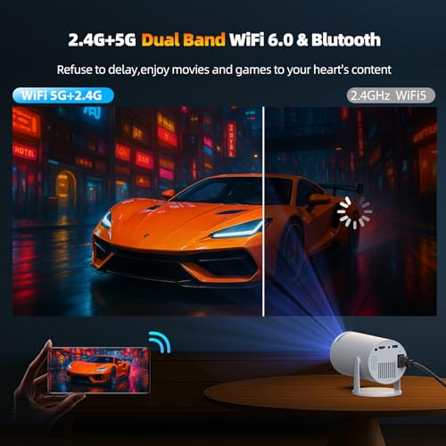 Mini Projector with WiFi and Bluetooth, Portable Projector Built-in Apps Support 4K 1080P Auto Keystone 220° Rotatable Small Projectors Compatible with HDMI/TV Stick/iPhone/Laptop for Bedroom Wall