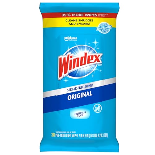 Windex Wipes Glass Cleaning, Pre-Moistened Glass and Surface Wipes to Clean Home Surfaces, Household Essentials, Original Scent, 38 Count (Pack of 1) - size: 38 Count (Pack of 1)