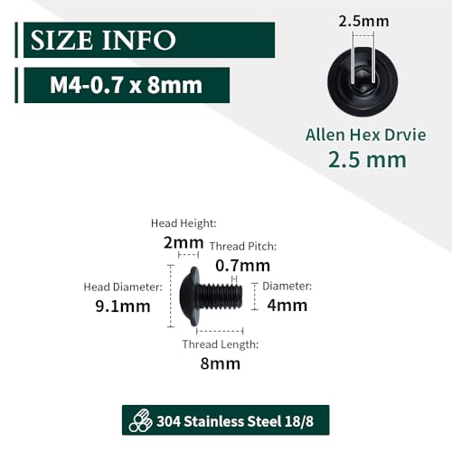 M4-0.7 x 8mm (100 pcs) Black Hex Socket Head Cap Screws, 304 Stainless Steel 18/8, Furniture Bolts, Connector Screws for Furniture, Black Oxide Finish, Full Thread, Hex Spanner Wrench Included - size: M4-0.7 x 8mm
