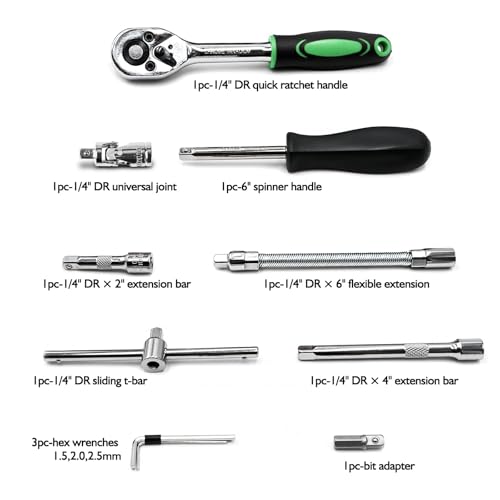 Egofine 46 Pieces 1/4 inch Drive Socket Ratchet Wrench Set, with Bit Socket Set Metric and Extension Bar for Auto Repairing and Household, with Green Storage Case - style: 1/4" 46 PCS-Green