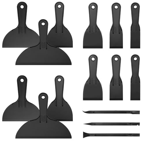15 Pack Plastic Putty Knife Set - 12 Flexible Plastic Paint Scraper Tool and 3 Detail Scraper Tool for Spackling, Repairing Drywall, Removing Wallpaper, Applying Mud or Plaster
