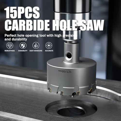 GSTK 20PCS Upgrade Heavy Duty Carbide Hole Saw Kit,with 5*Extra Titanium Plated Pilot Center Drill and 2* Spring，for Hard Metal, Stainless Steel, Iron - size: 15pcs