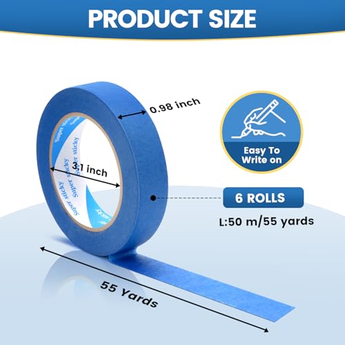 Blue Painters Tape, 6 Rolls Paint Tape 1 Inch Wide (0.98 in. x 55 Yds) Blue Masking Tape Protects Surfaces, Painter's Tape for Indoor and Outdoor Use, Easy Removal (6PCS)