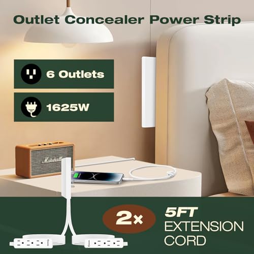 Saker Dual Flat Extension Cord, 6-Outlet Extender, 5ft, White - style: dual 5ft