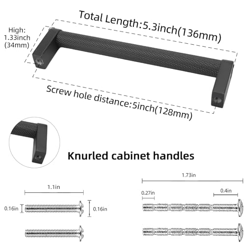 10 Pack 5 inch(128mm) Black Kitchen Cabinet Handles Knurled Cabinet Pulls Black Drawer Pulls Kitchen Cabinet Hardware Handles Dresser Handles - color: Matte Black, size: 5" Hole Center（128mm）