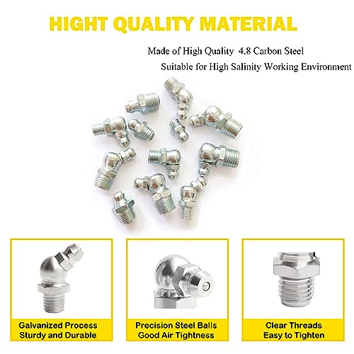 1/4"-3/8" 45Pcs 4 Sizes Grease Fitting Assortment Straight 45 90 Degree Grease Zerk Fittings,Galvanized Steel Grease Fittings and grease gun tips for Industrial/Agricultural Machinery - size: 4Size-45Pcs