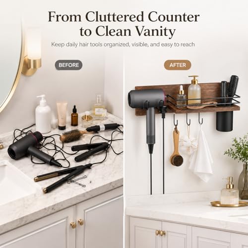 RoleDes Wooden Hair Dryer Holder Wall Mounted, Bathroom Hair Tool Organizer, Blow Dryer Holder Shelf, Curling Iron and Hair Styling Tools Organizer