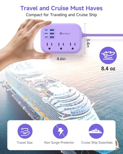 6 USB (3 USB C) Purple Travel Power Strip, 5Ft Extension Cord, 3 Outlets - size: Purple-6 USB 24W-5ft