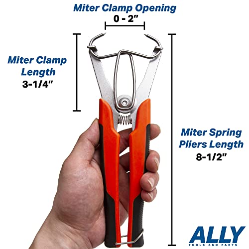 ALLY Tools Miter Spring Clamp Pliers with 16 Miter Spring Clamps - Spring Loaded Handle Design – Long 8 inch Handle for Big Hands for use with Wood Trims, Moldings, Picture Frames, and Woodworking.