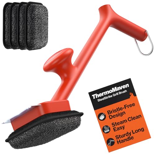 ThermoMaven BBQ Grill Brush Bristle Free - 17" Safe Steam Grill Cleaner Brush with Scraper and 5 Brush Heads for Porcelain/Gas/Charcoal Grill Outdoor Grill Barbecue Cleaner - size: Red 5pcs-Medium