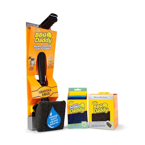 Scrub Daddy BBQ Daddy Grill Cleaner Kit - Bristle Free Grill Brush with Refill + 2 Steel Scour Daddy Grill Sponges - Built-in Grill Scraper - Temperature Controlled Grill Cleaning Tools (4 Count) - style: BBQ Daddy + Refill + Scour Daddy Steel 2ct Bundle