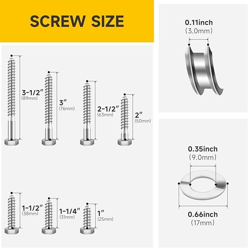 Mywish 5/16 Hex Head Lag Screws Assortment Kit, 74Pcs Heavy Duty Lag Bolts with Washers, 304 Stainless Steel Bolts 18-8 7-Size Wood Screws for Outdoor, Bright Finish 5/16 Bolt - size: 5/16 Assorted Kit