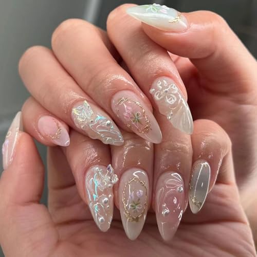 3D Flower Press On Nails Almond Shape – Medium Length Glossy Nude Pink Fake Nails with Pearls & Gold Details, Acrylic Reusable Stick On Nails for Women, Elegant Floral False Nails for Wedding Party - color: 2-Dreamy Flower Shadow