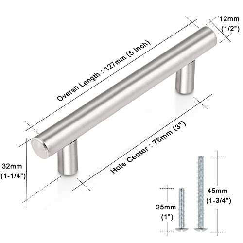 Probrico (30 Pack 3 Inch Hole Centers Kitchen Cabinet Handles Euro T Bar Cabinet Pulls Stainless Steel Kitchen Drawer Handles Brushed Nickel Furniture Dresser Cabinet Hardware, 5 Inch Total Length - color: Brushed Nickel, size: hole center 3"
