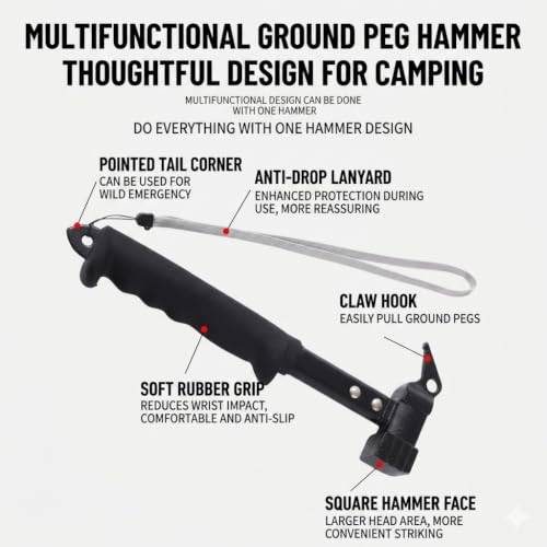 Heavy Duty Tent Stake Peg Hammer & Puller 2 in 1 Tool, Portable Camping Mallet with Non-Slip Rubber Handle, Steel Tent Stakes Remover for Outdoor Camping Hiking Backpacking