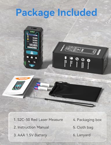 Laser Measuring Tool 165ft, RockSeed S2C Red Beam Laser Measure with Rotatable HD IPS Color Screen, 12 Measurement Modes, 3 Leveling Modes, 5 Units Switchable, for Stake Marking - color: Red Laser