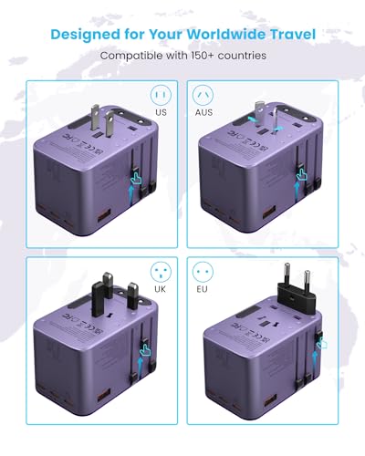 VINTAR GaN Universal Travel Adapter 75W, 6-in-1 with 3USB-C PD & 2USB-A QC - color: 75W Purple