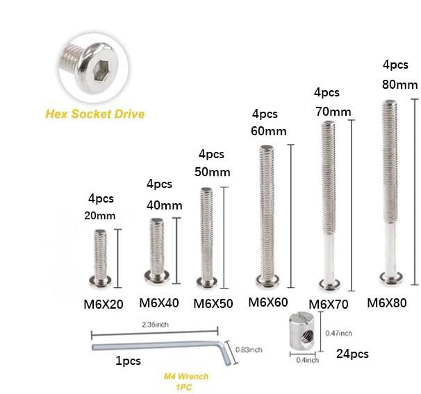49 PCS M6-1.0x20/40/50/60/70/80 mm Hex Socket Head Cap Screw Barrel Nuts Assortment Kit with Wrenches for Crib Bunk Bed Furniture Cot, Bunk Bed Replacement Hardware - size: Silver-49pcs