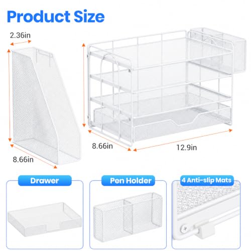 OPNICE Desk Organizers and Accessories, 4-Tier Desktop File Organizer with Drawer and Pen Holders, Office Desk Accessories Workspace Organizers for Office Supplies (Soft White) - color: Soft White, size: 4T