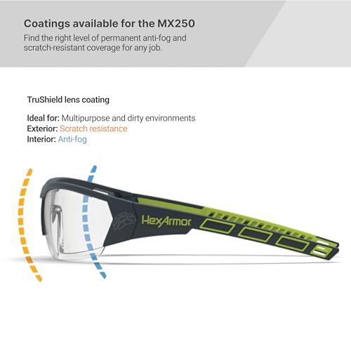 HexArmor MX250 Clear Safety Glasses for Men and Women | Anti-Fog | Scratch Resistant Wrap Around Lenses | Modern-Safety Glasses | Metal-Free | Certified ANSI Z87 | 100% UV Protected Eyewear - color: Clear / Trushield