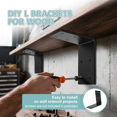 Heavy Duty L Right Angle Bracket 6"x6", 2 PCS 90 Degree Black Steel Corner Brackets, DIY L Shelf Brackets, Metal Joint Timber Connector Support for Wood Shelves, Furniture