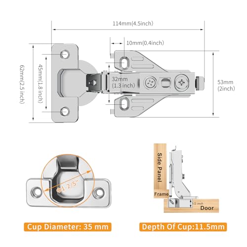 Chibery 50 Pack Half Overlay 3D Soft Close Concealed Hinge for Face Frame Door ＆ Frameless Door, Clip-on Plate, Self Closing Hidden Satin Nickel, 105° Open Angle Concealed Stainless Steel Hinges - size: Half Overlay