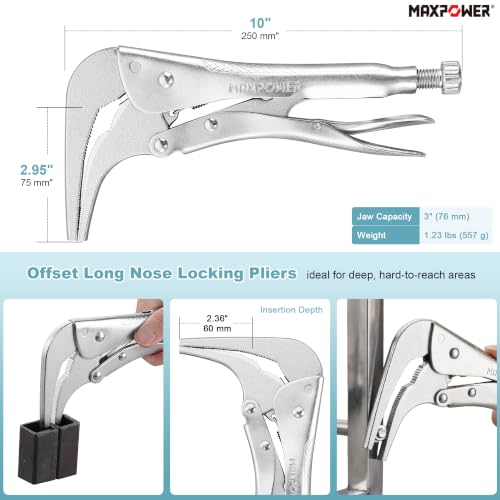 MAXPOWER 10-inch 90 degree Offset Long Nose Locking Pliers, 3" Jaw Opens - size: 10"