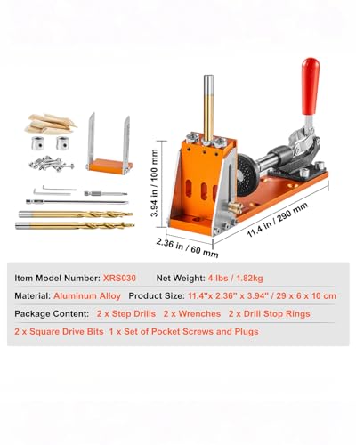 VEVOR Pocket Hole Jig Kit, Adjustable and Easy to Use Pocket Hole Jig System with Step Drills, Wrenches, Drill Stop Rings, Screws and Square Drive Bits, Dual Scale Marks, for DIY Carpentry Projects - color: Orange