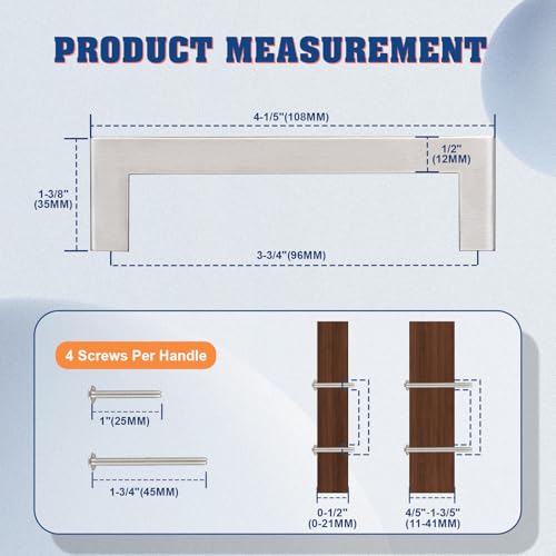 KNOBWELL 6 Pack 3-3/4 in Kitchen Cabinet Handles Brushed Nickel, Satin Stainless Steel Dresser Drawer Pulls, Square Vanity Cupboard Handles, Overall Length 4-1/5" - color: Brushed Nickel, size: Hole Center:3-3/4 inch(96mm)