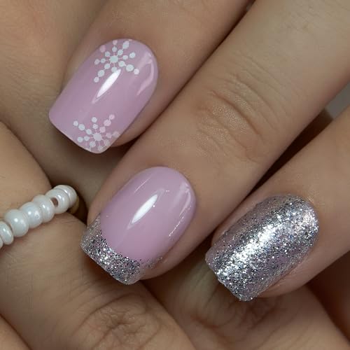 CurvLife Press On Nails Stick On Nails Short Fake Nails Design Acrylic Nails, Glue On Nails For Women Nail Kit (Snowflake flash, Medium) - color: Snowflake flash